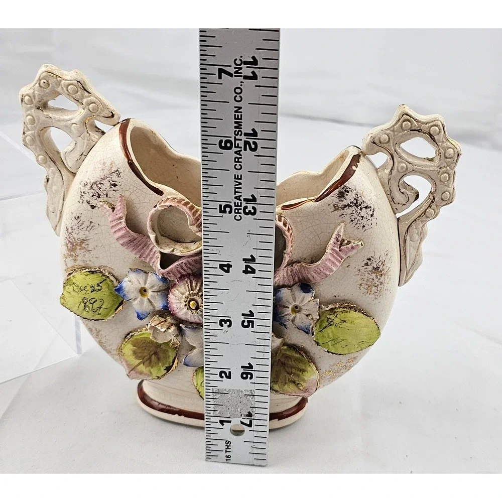 Antique Floral Vase Handled Ceramic 1897 Dated Decor Display‎ Planter